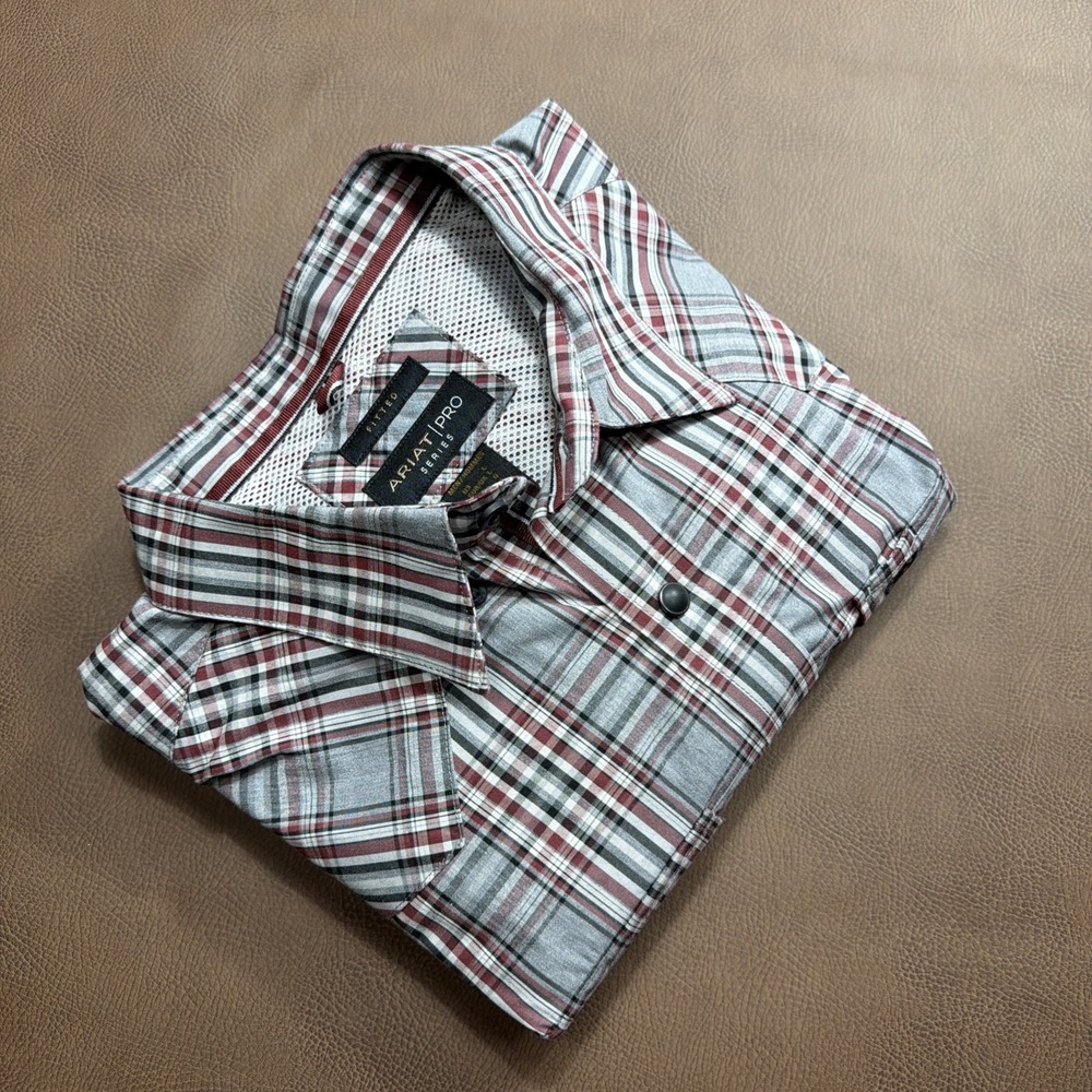 Ariat Pro Series Shirt Mens L Trenton Red Gray Plaid BLACKED OUT Pearl Snap New